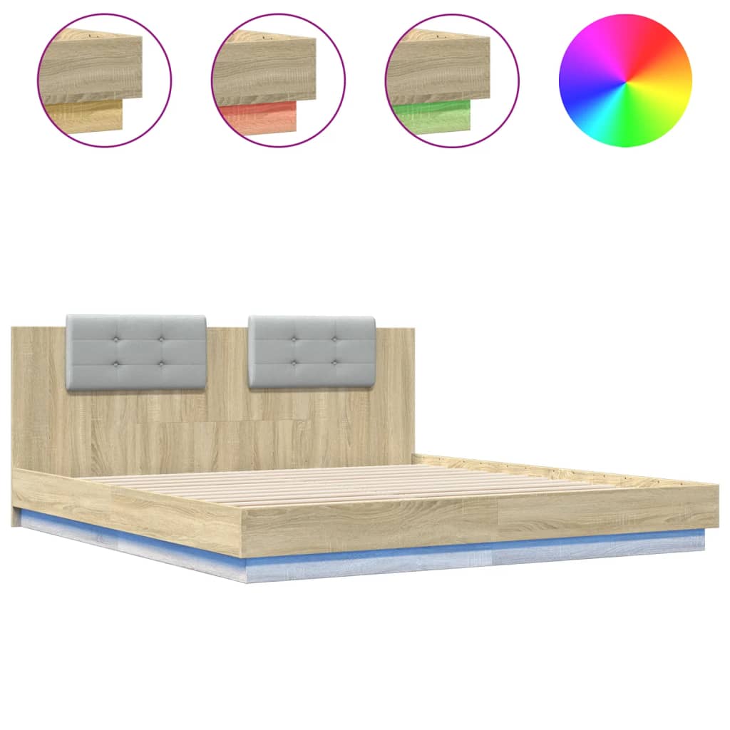 Bed Frame with Headboard and LED Lights Sonoma Oak 200x200 cm