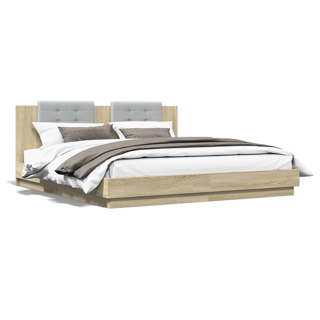 Bed Frame with Headboard and LED Lights Sonoma Oak 200x200 cm