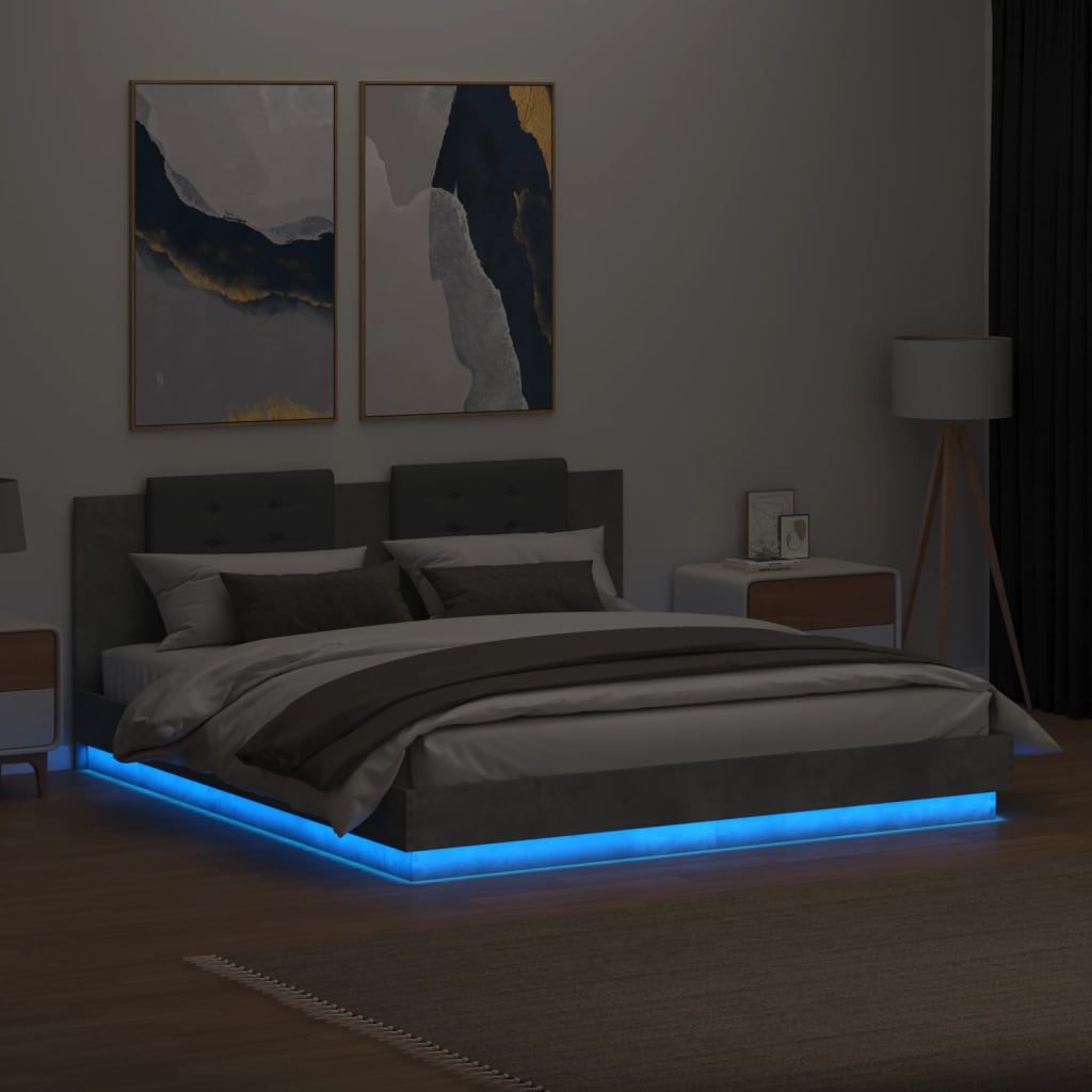 Bed Frame with Headboard and LED Lights Concrete Grey 160x200 cm