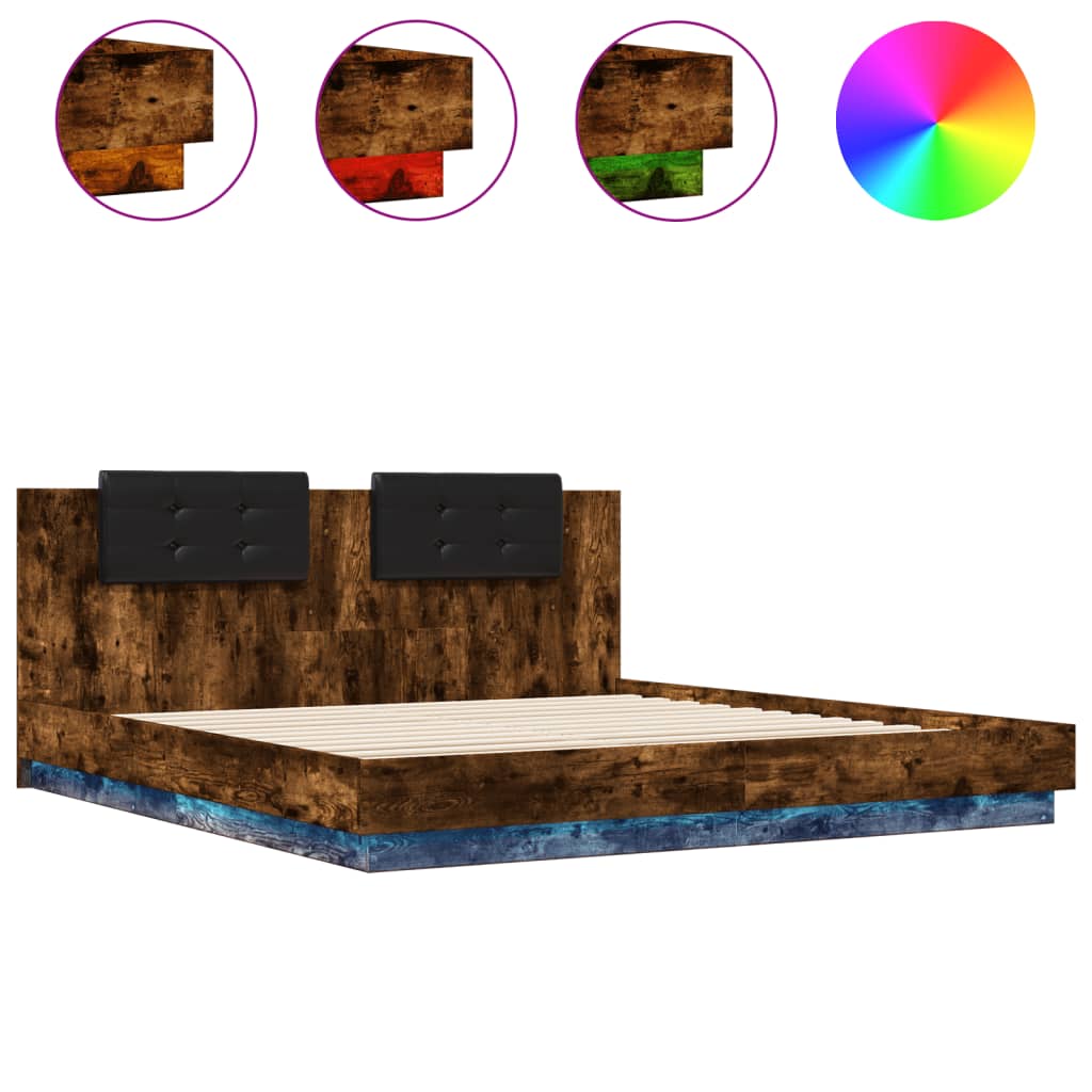 Bed Frame with LED without Mattress Smoked Oak 160x200 cm