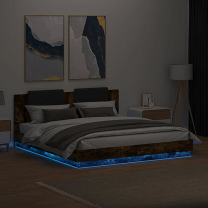 Bed Frame with LED without Mattress Smoked Oak 160x200 cm