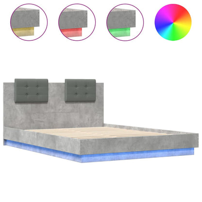 Bed Frame with Headboard and LED Lights Concrete Grey 150x200 cm King Size