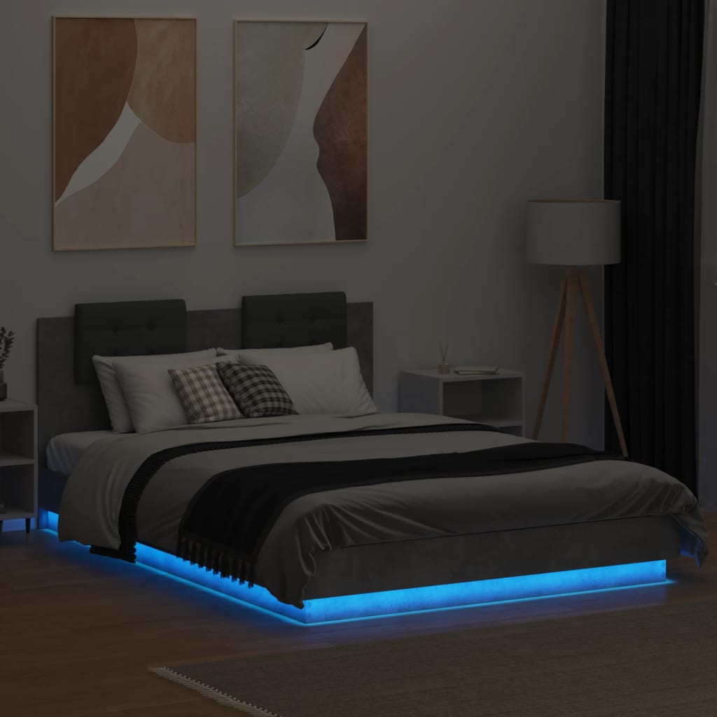 Bed Frame with Headboard and LED Lights Concrete Grey 150x200 cm King Size