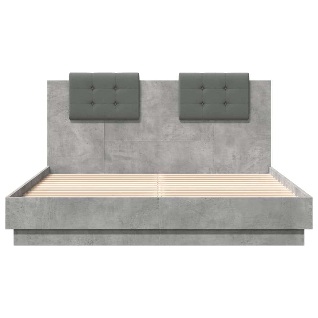 Bed Frame with Headboard and LED Lights Concrete Grey 150x200 cm King Size