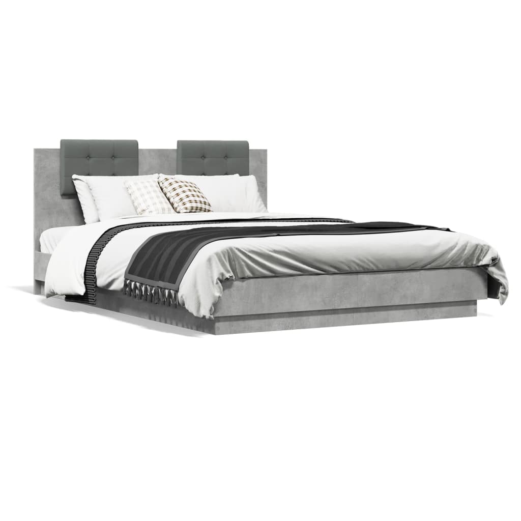 Bed Frame with Headboard and LED Lights Concrete Grey 150x200 cm King Size