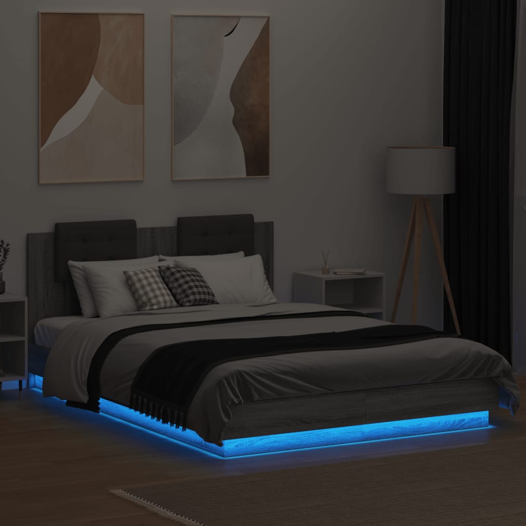 Bed Frame with Headboard and LED Lights Grey Sonoma 150x200 cm King Size