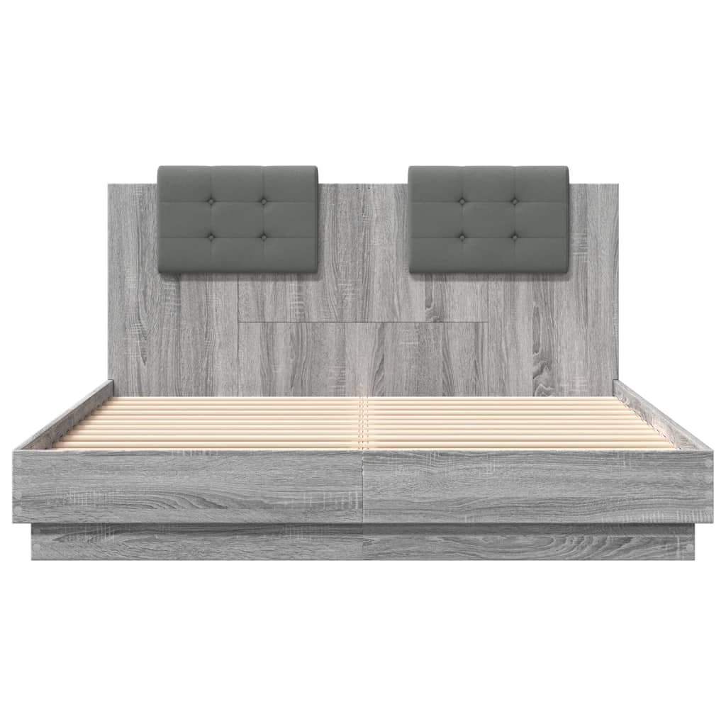 Bed Frame with Headboard and LED Lights Grey Sonoma 150x200 cm King Size