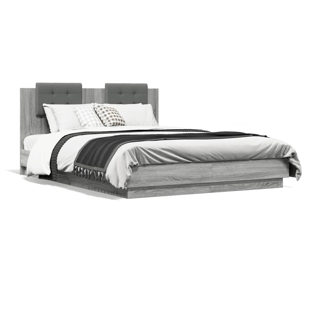 Bed Frame with Headboard and LED Lights Grey Sonoma 150x200 cm King Size