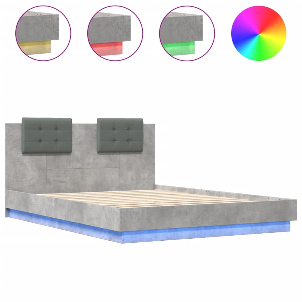 Bed Frame with LED without Mattress Concrete Grey 140x200 cm