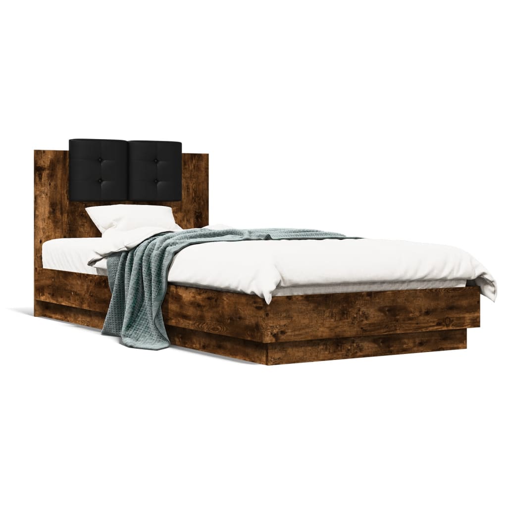 Bed Frame with Headboard and LED Lights Smoked Oak 100x200 cm