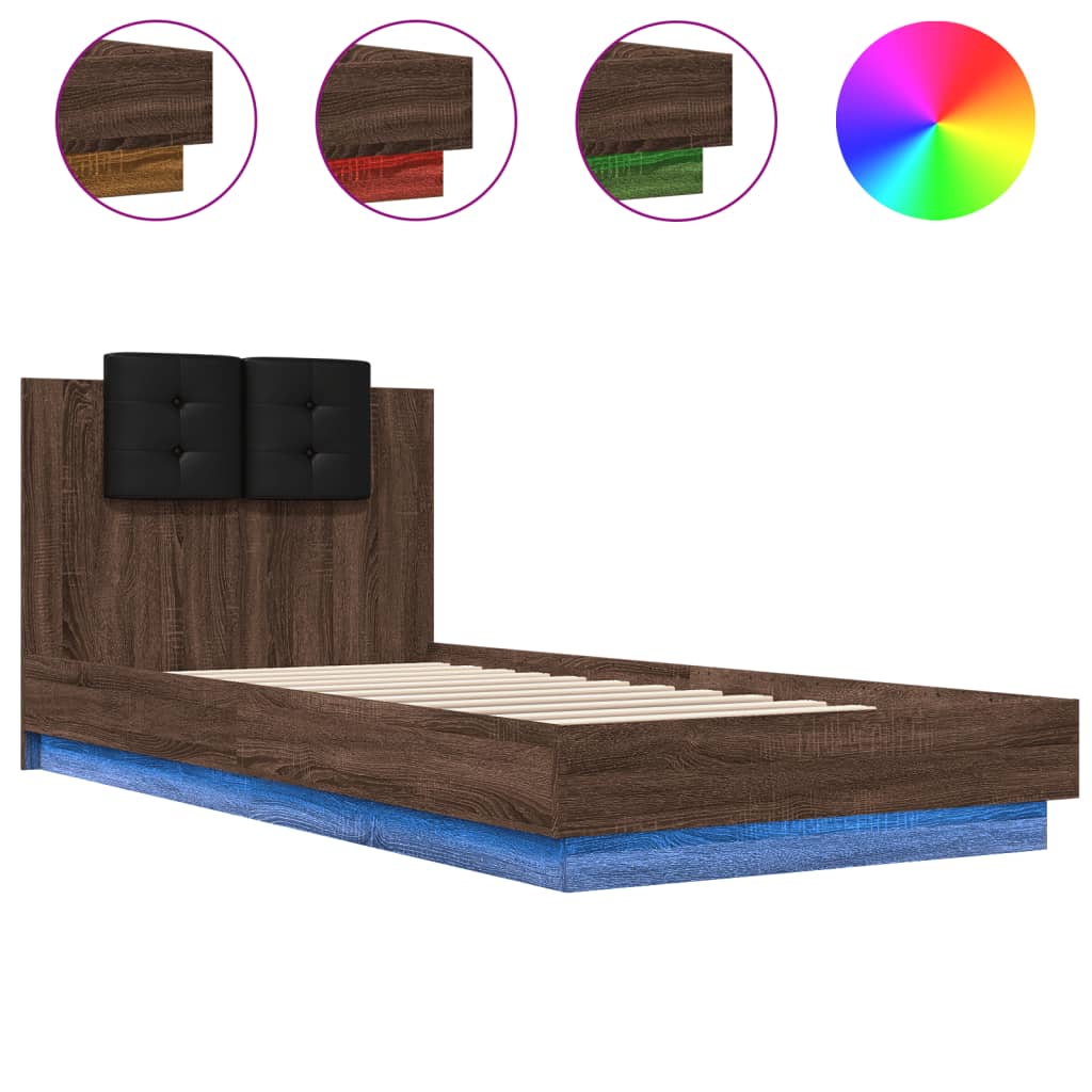 Bed Frame with Headboard and LED Lights Brown Oak 100x200 cm