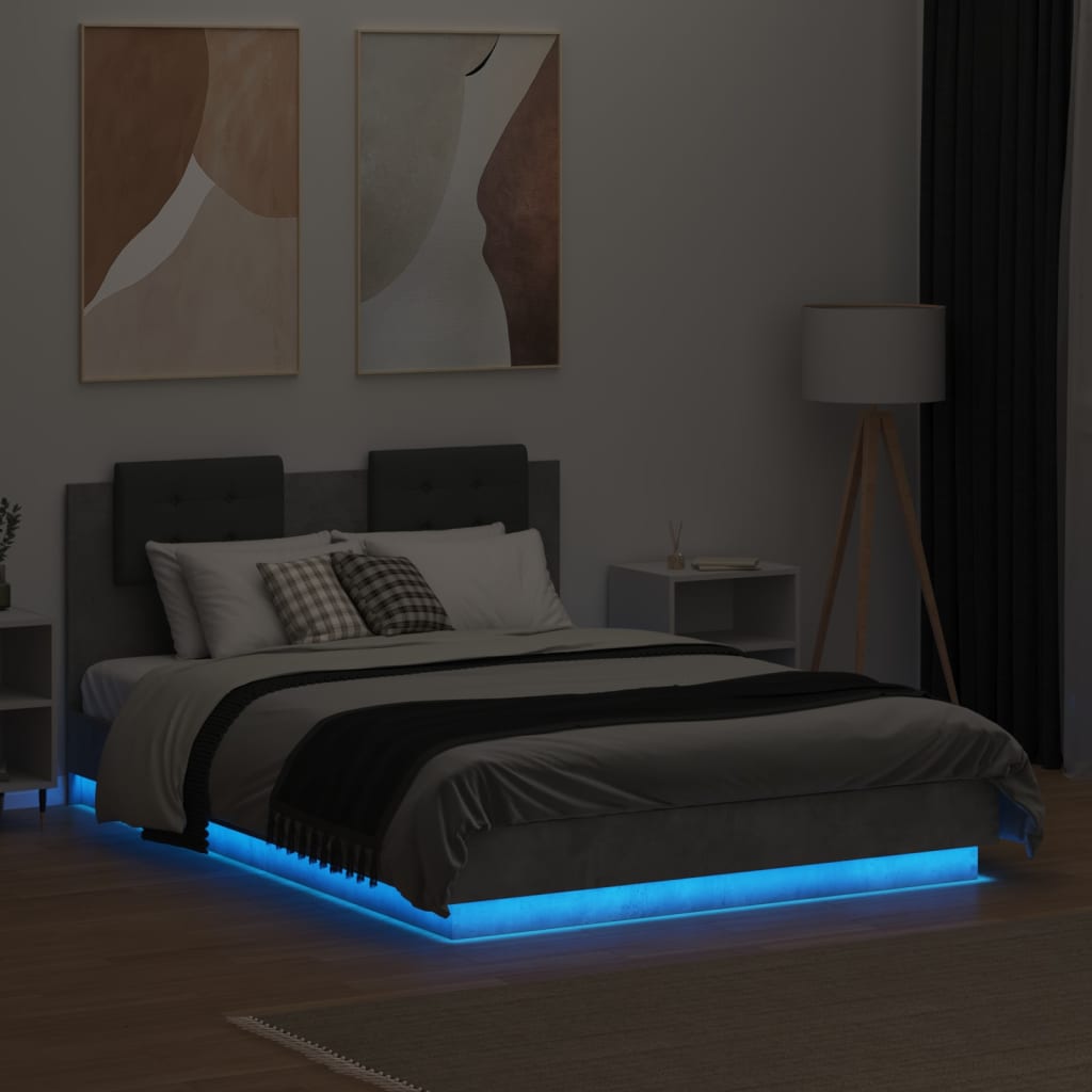 Bed Frame with LED without Mattress Concrete Grey 135x190 cm Double