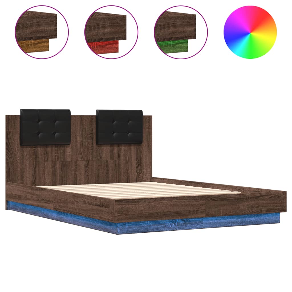 Bed Frame with LED without Mattress Brown Oak 135x190 cm Double