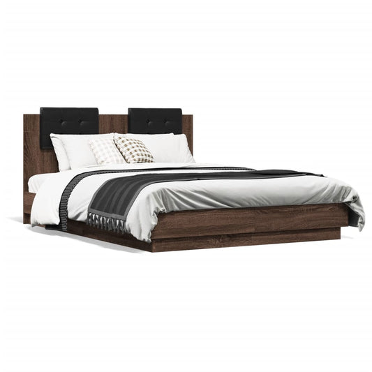 Bed Frame with LED without Mattress Brown Oak 135x190 cm Double