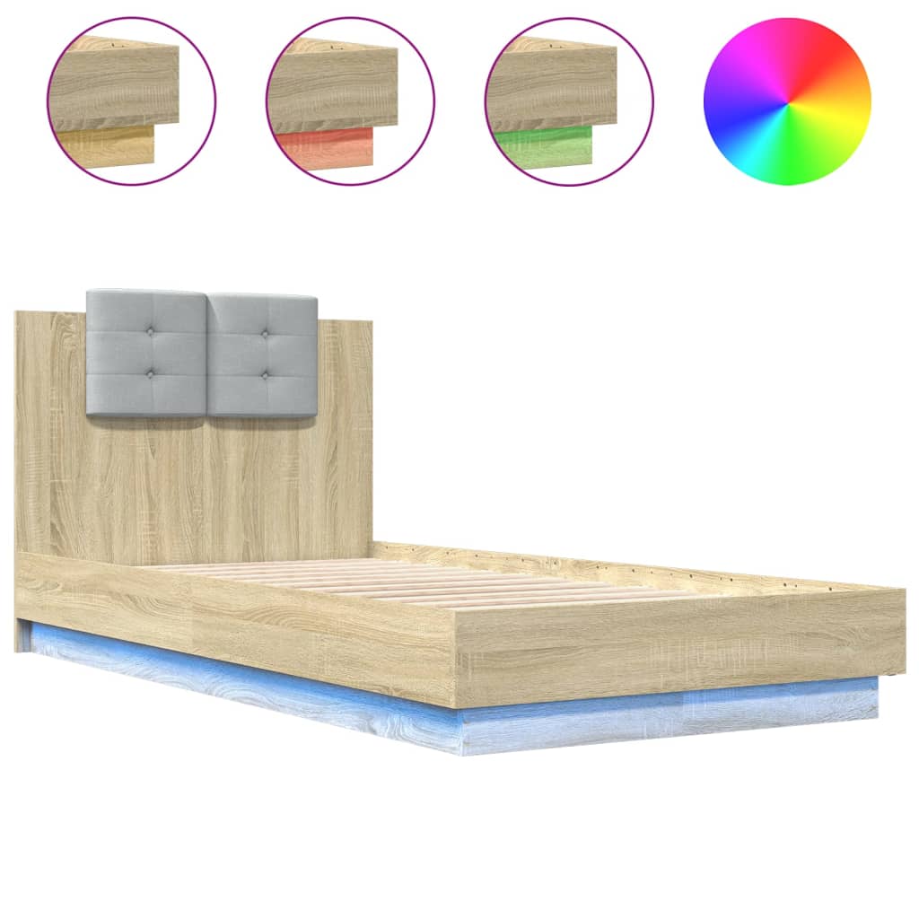 Bed Frame with Headboard and LED Lights Sonoma Oak 90x190 cm Single