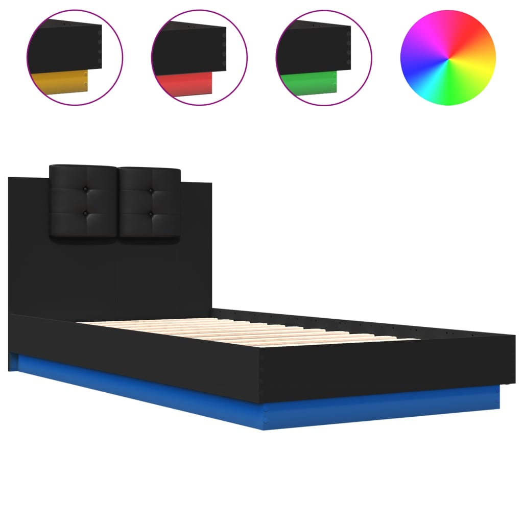 Bed Frame with LED without Mattress Black 75x190 cm Small Single