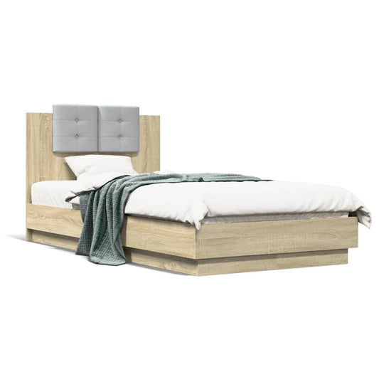 Bed Frame with Headboard and LED Lights Sonoma Oak 75x190 cm Small Single