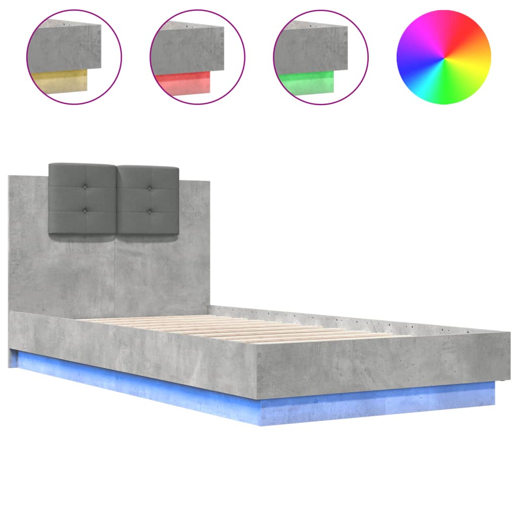 Bed Frame with LED without Mattress Concrete Grey 75x190 cm Small Single