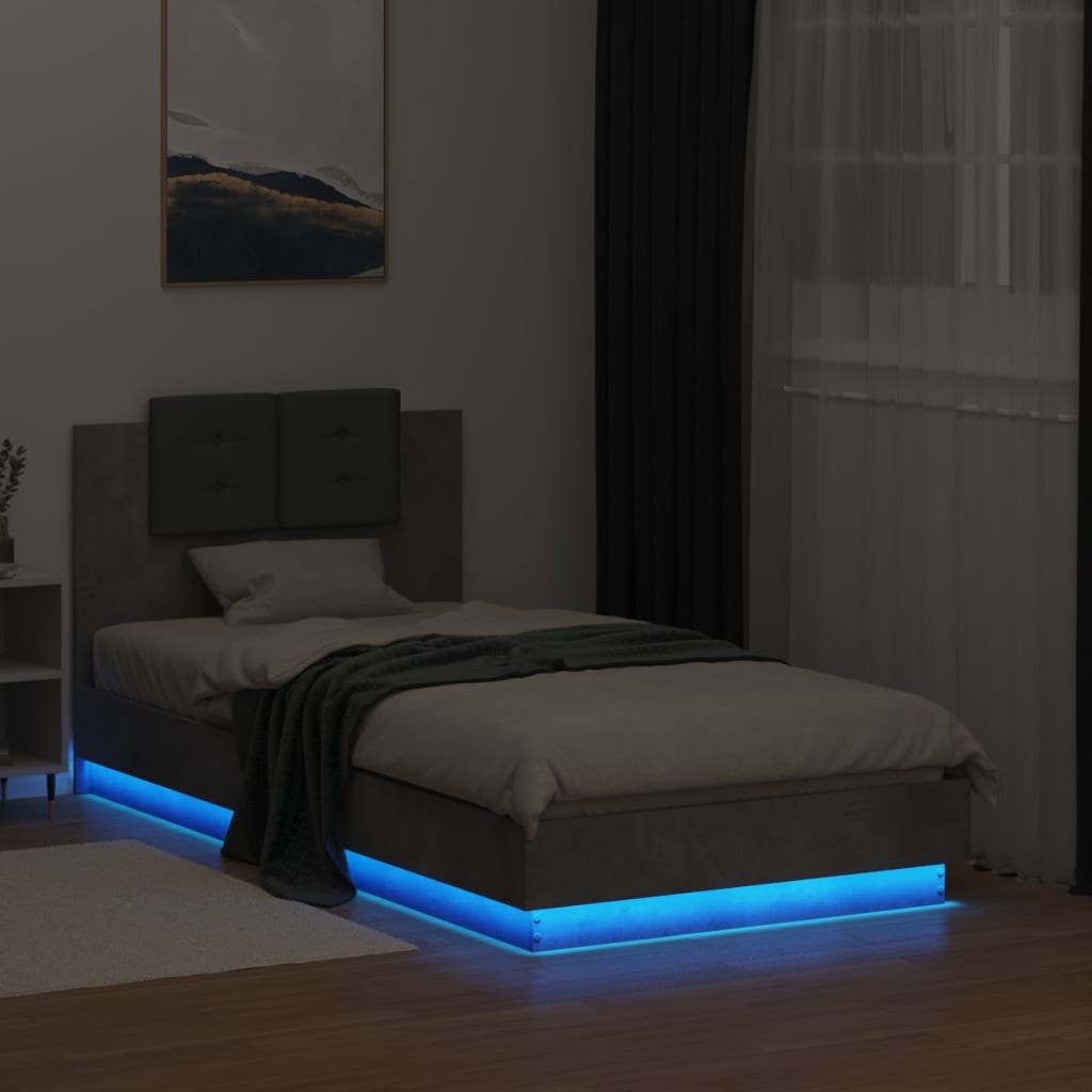 Bed Frame with LED without Mattress Concrete Grey 75x190 cm Small Single