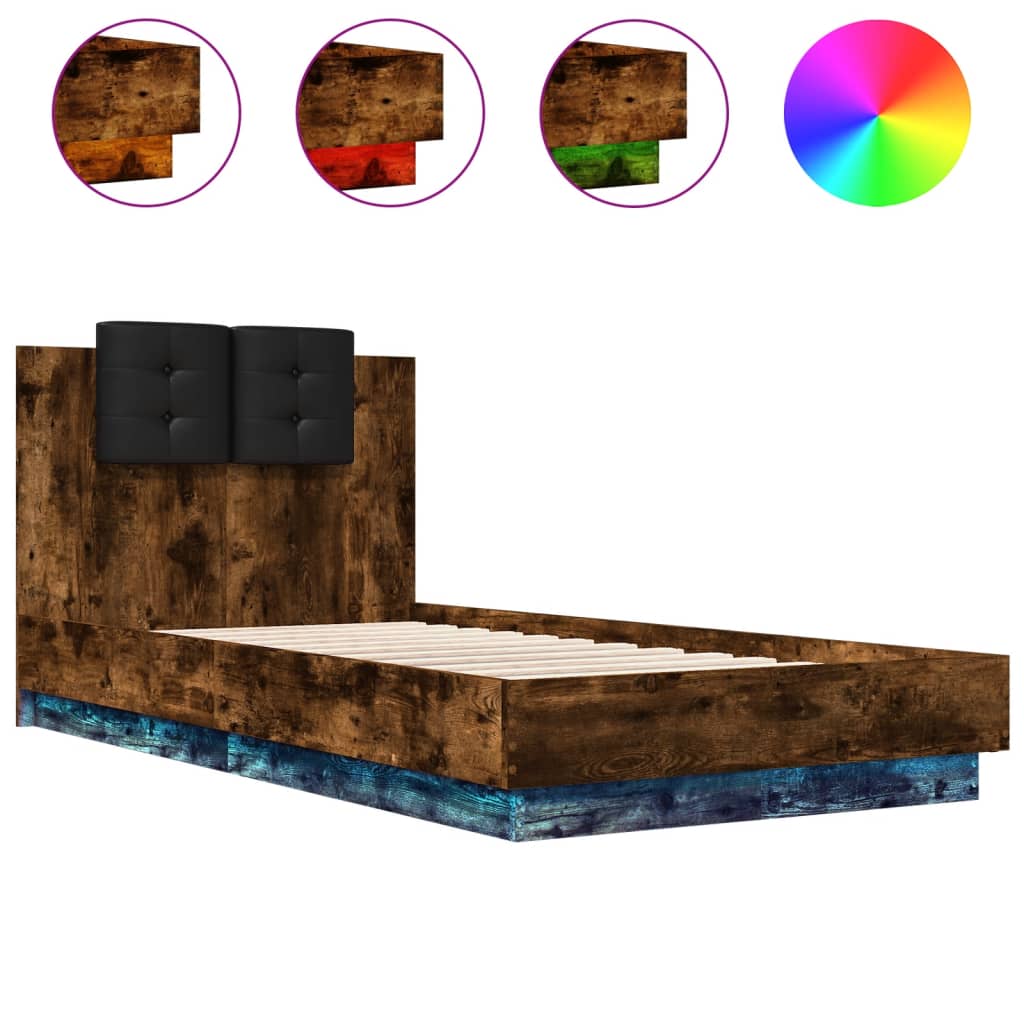 Bed Frame with LED without Mattress Smoked Oak 75x190 cm Small Single