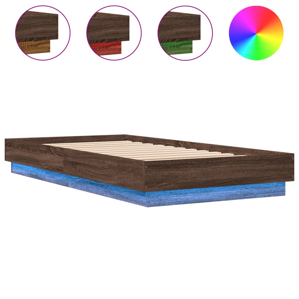 Bed Frame with LED Lights Brown Oak 90x190 cm Single