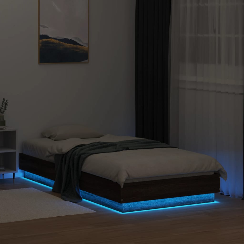 Bed Frame with LED Lights Brown Oak 90x190 cm Single