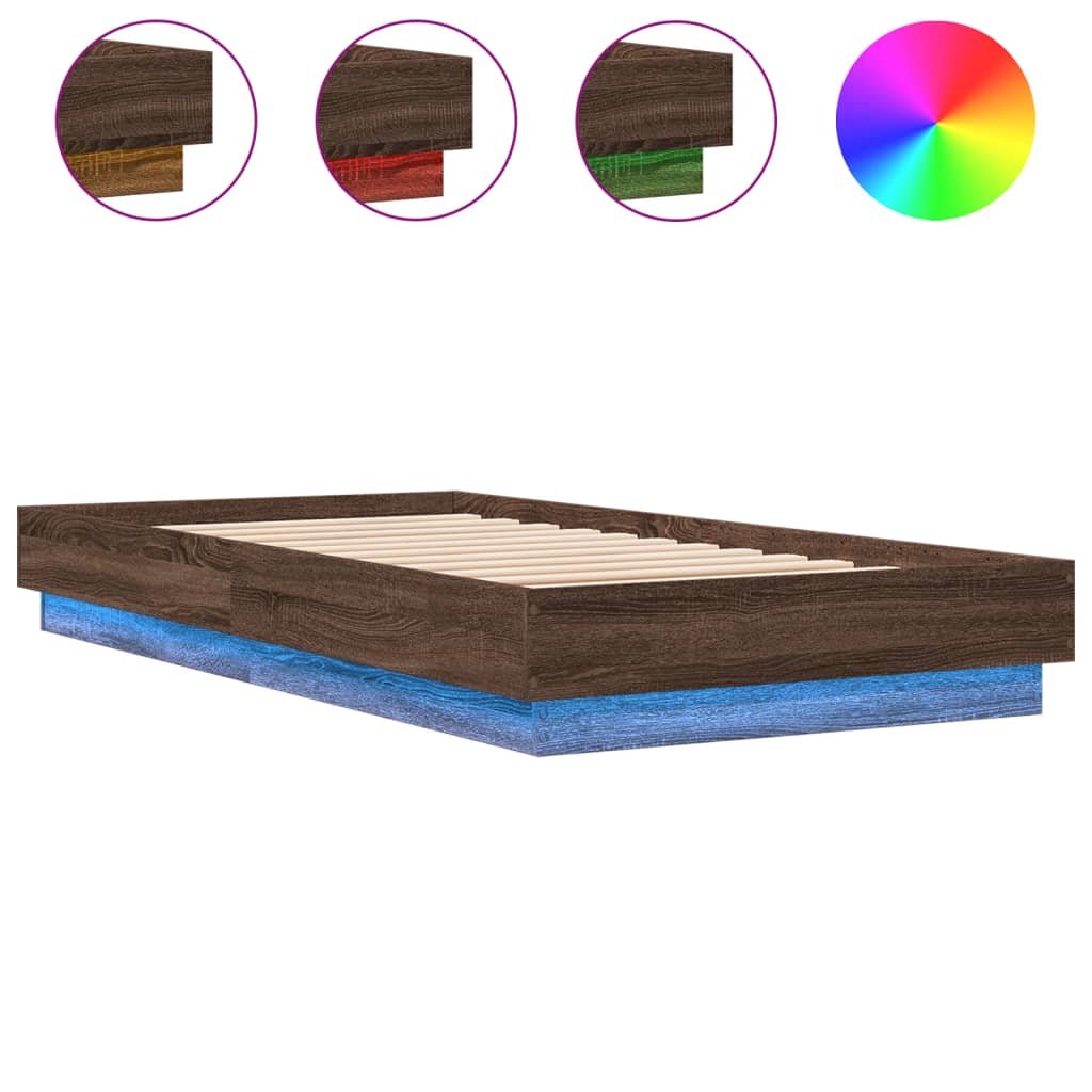 Bed Frame with LED Lights Brown Oak 75x190 cm Small Single