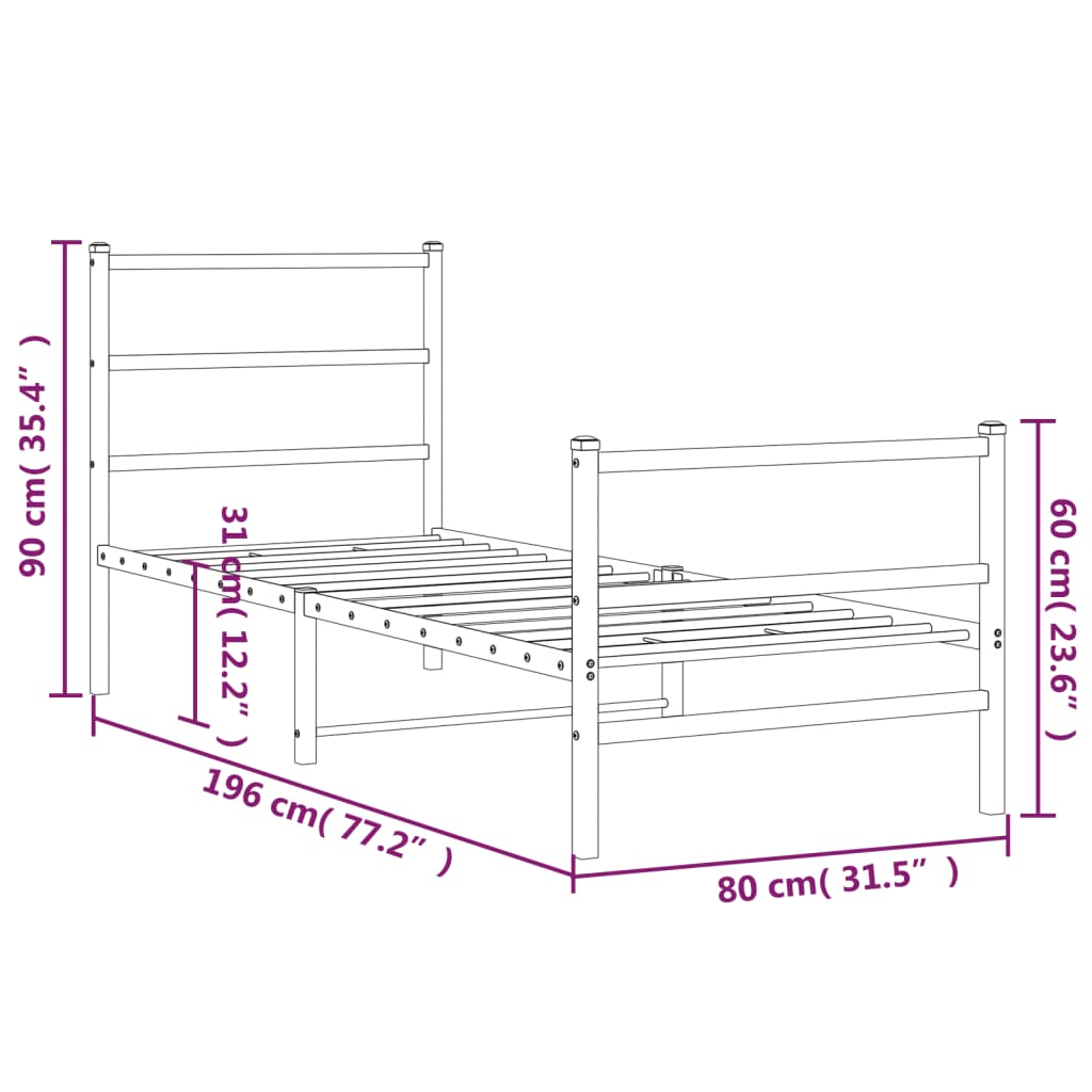 Metal Bed Frame without Mattress with Footboard Black 75x190 cm Small Single