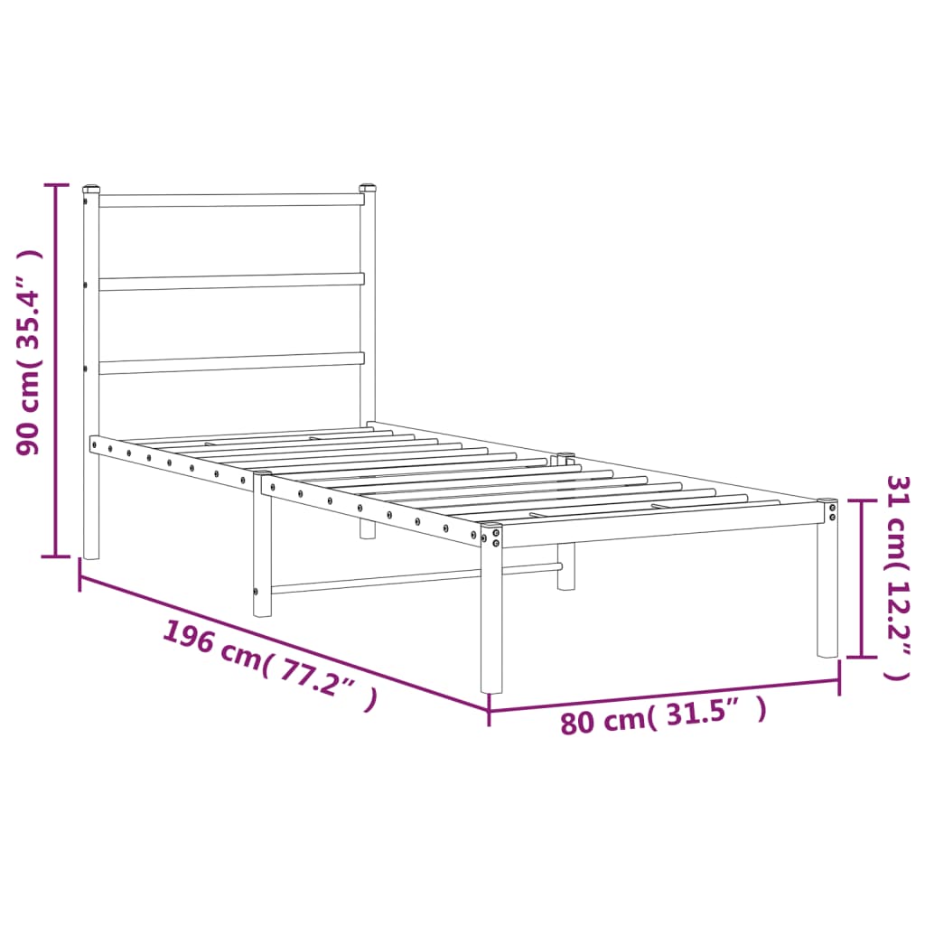 Metal Bed Frame without Mattress with Headboard White 75x190 cm Small Single