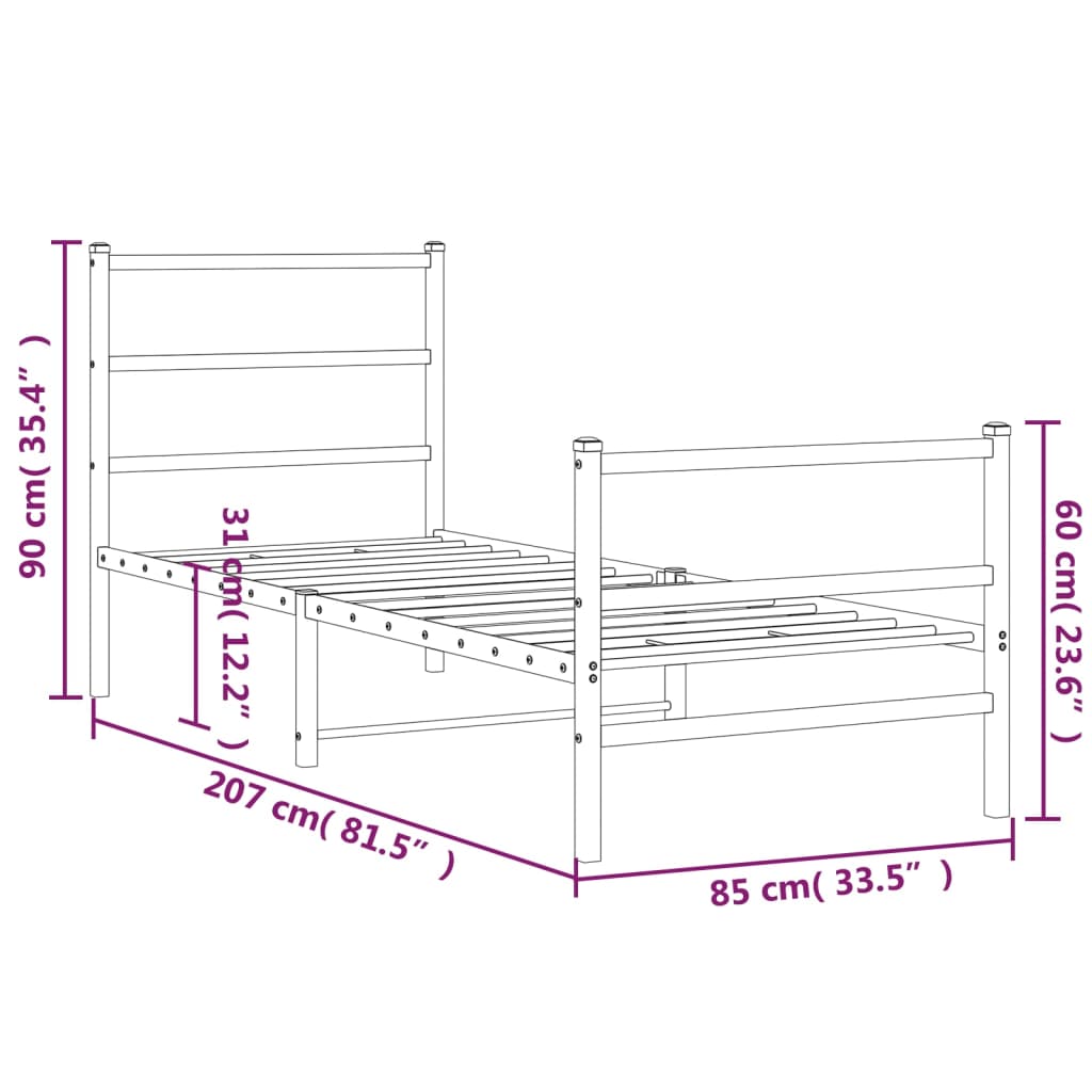 Metal Bed Frame without Mattress with Footboard White 80x200 cm