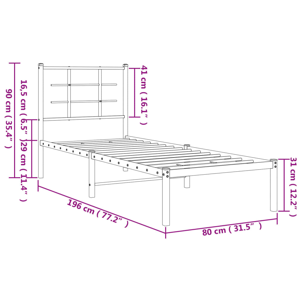 Metal Bed Frame with Headboard Black 75x190 cm Small Single