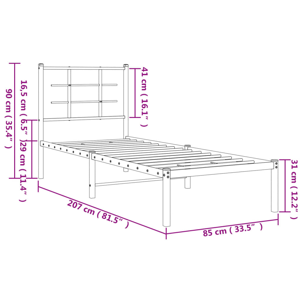 Metal Bed Frame with Headboard Black 80x200 cm