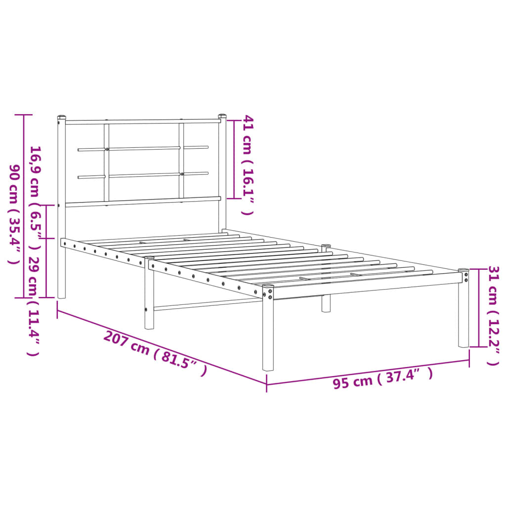 Metal Bed Frame without Mattress with Headboard Black 90x200 cm