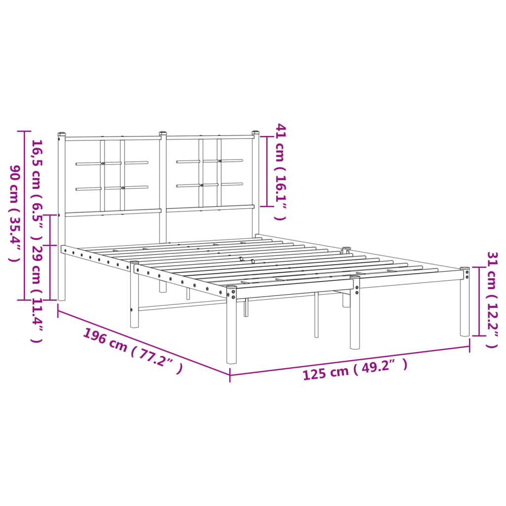 Metal Bed Frame with Headboard Black 120x190 cm Small Double