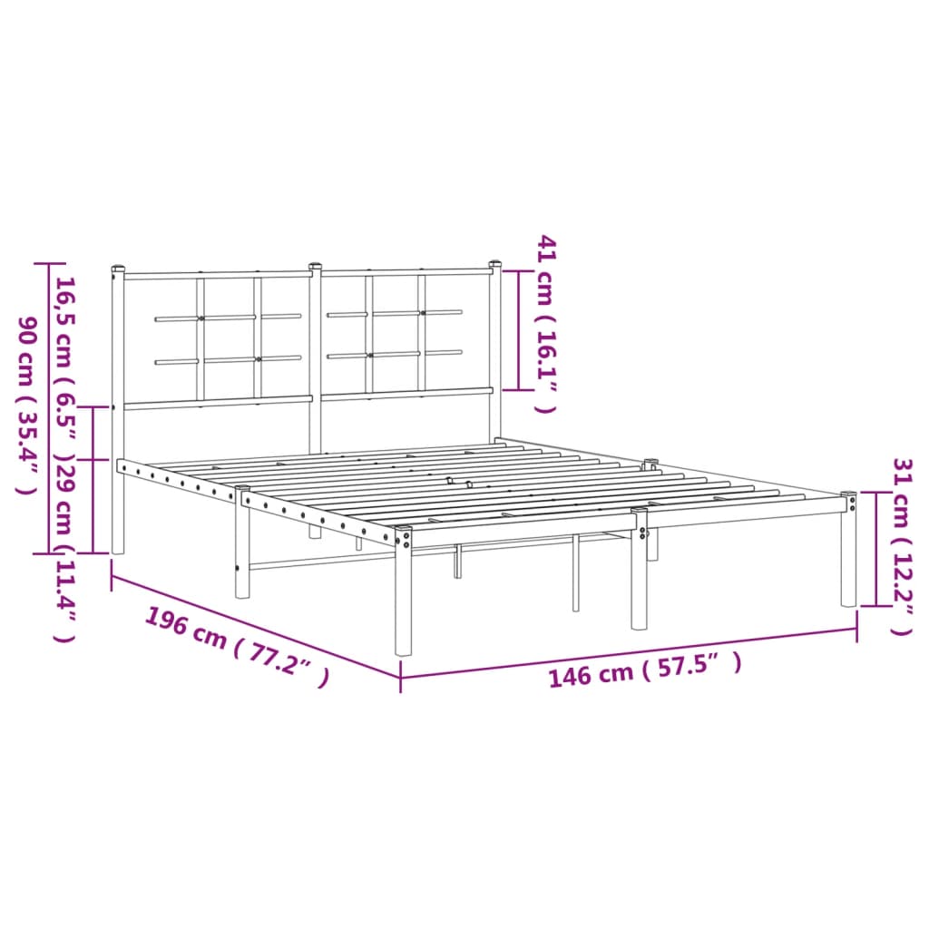 Metal Bed Frame with Headboard Black 140x190 cm