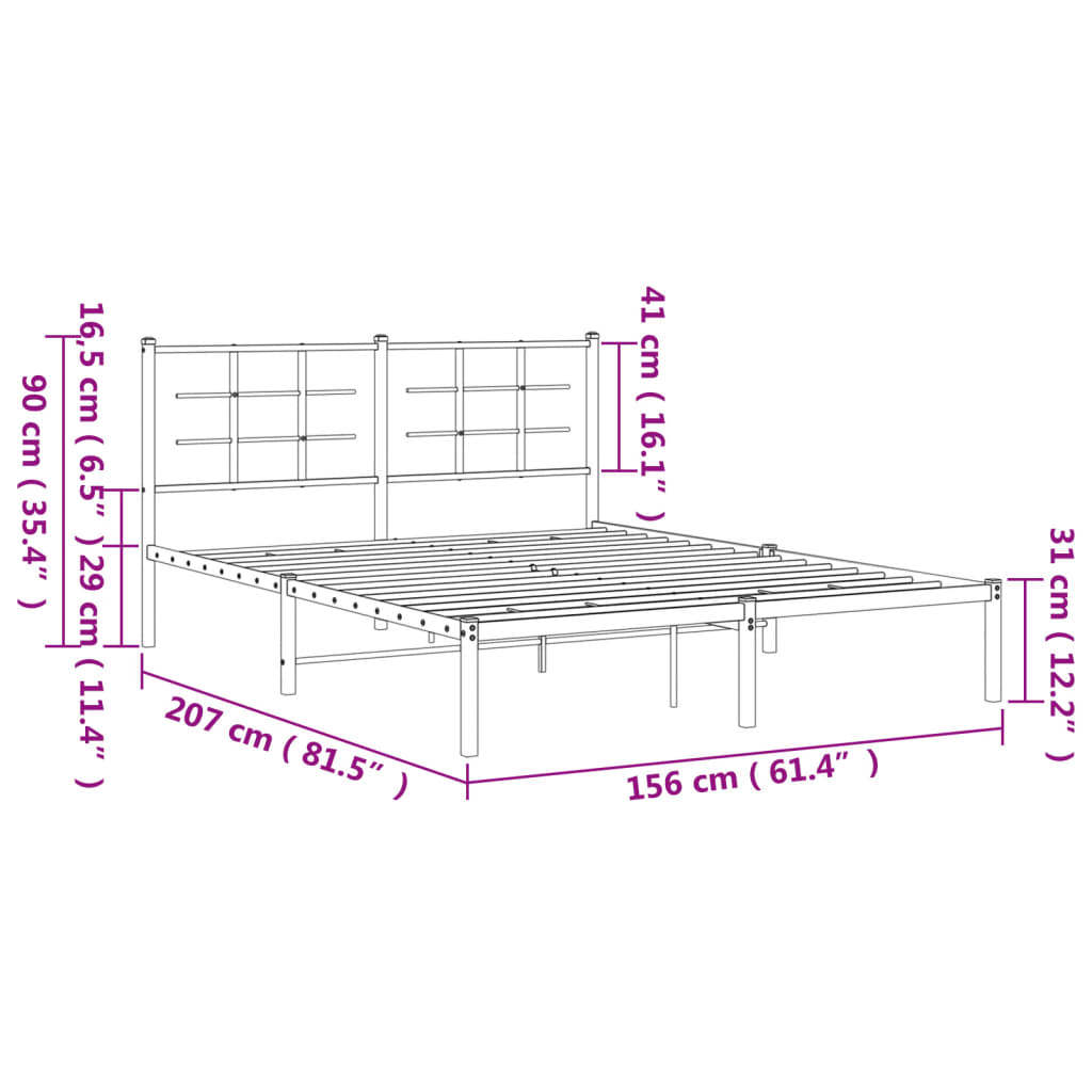 Metal Bed Frame with Headboard Black 150x200 cm King Size