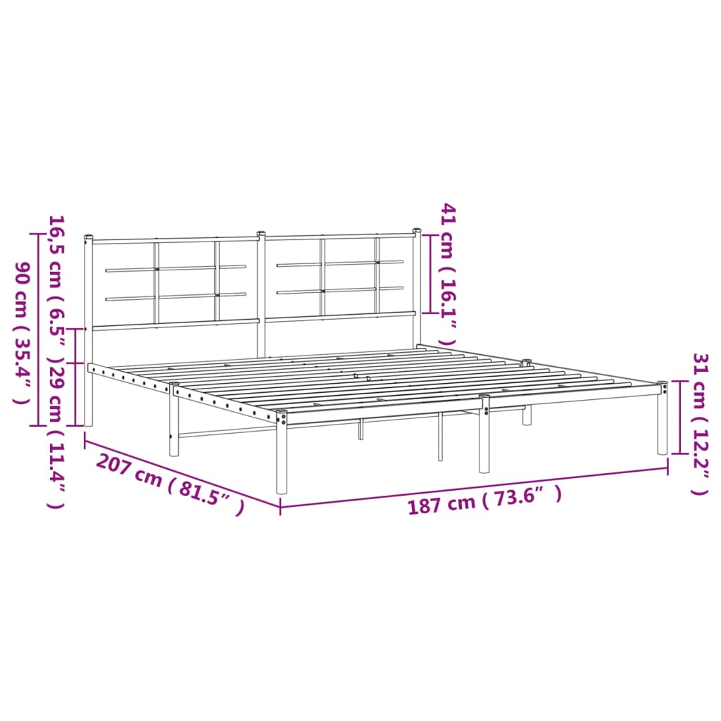 Metal Bed Frame with Headboard Black 180x200 cm Super King Size