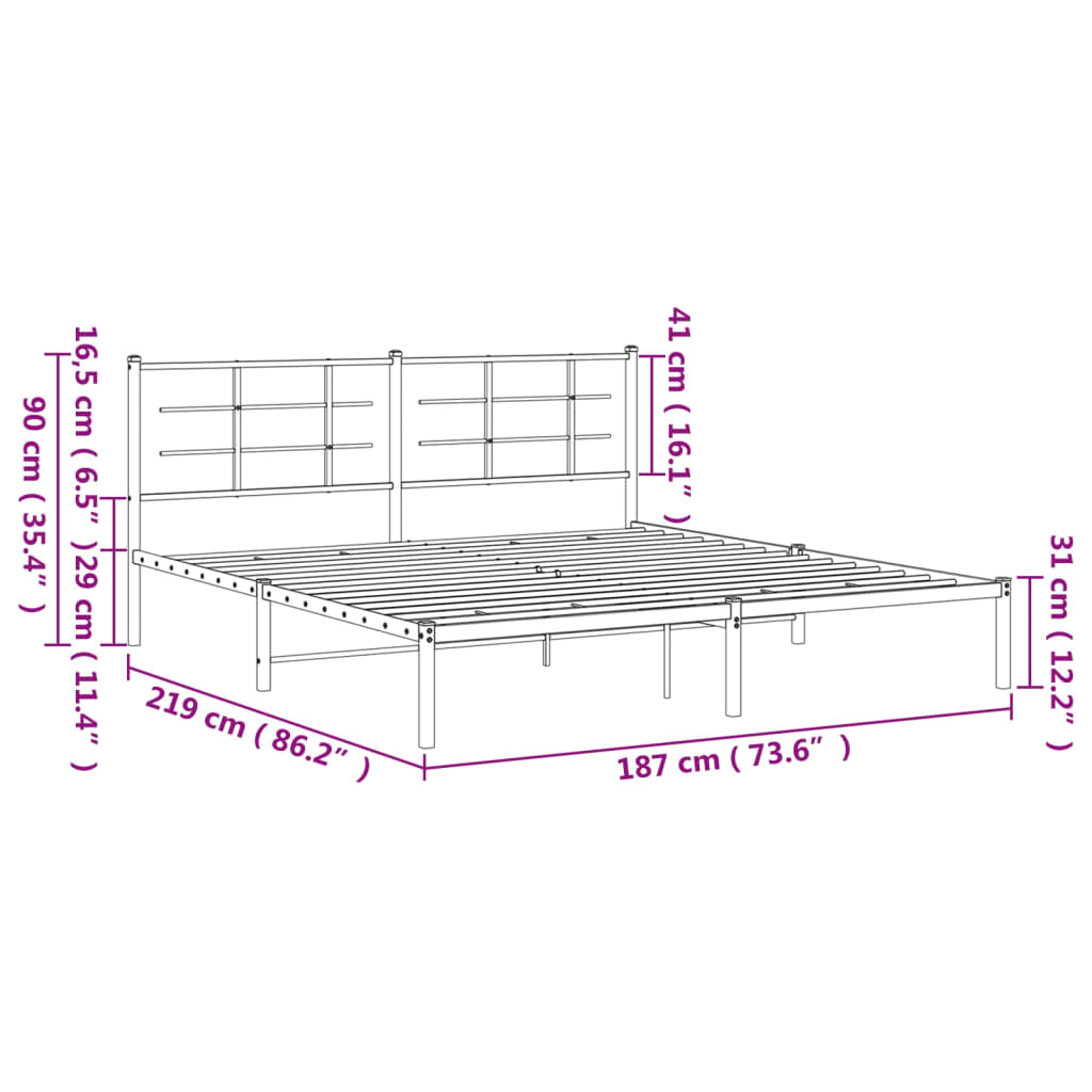 Metal Bed Frame with Headboard Black 183x213 cm