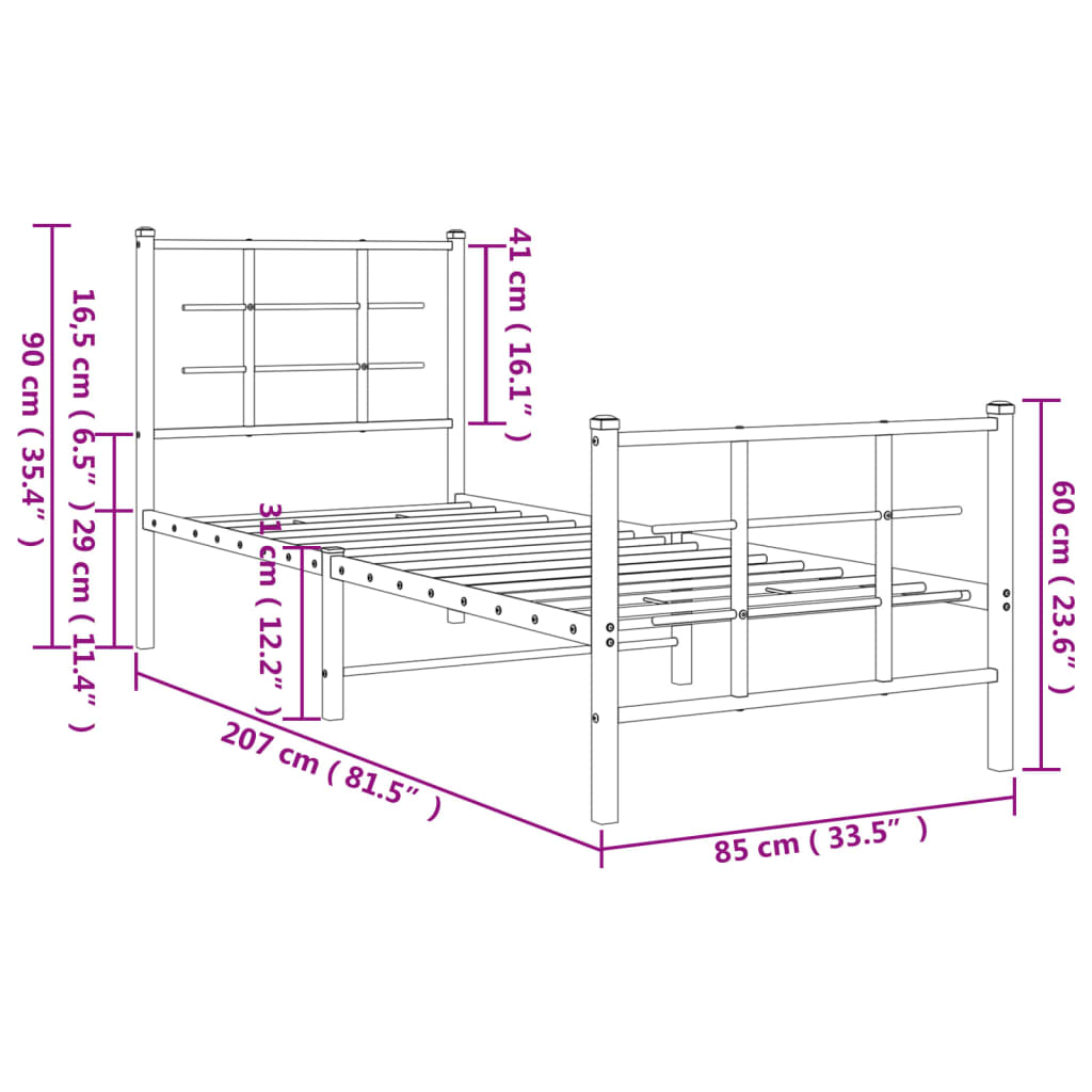 Metal Bed Frame with Headboard and Footboard Black 80x200 cm