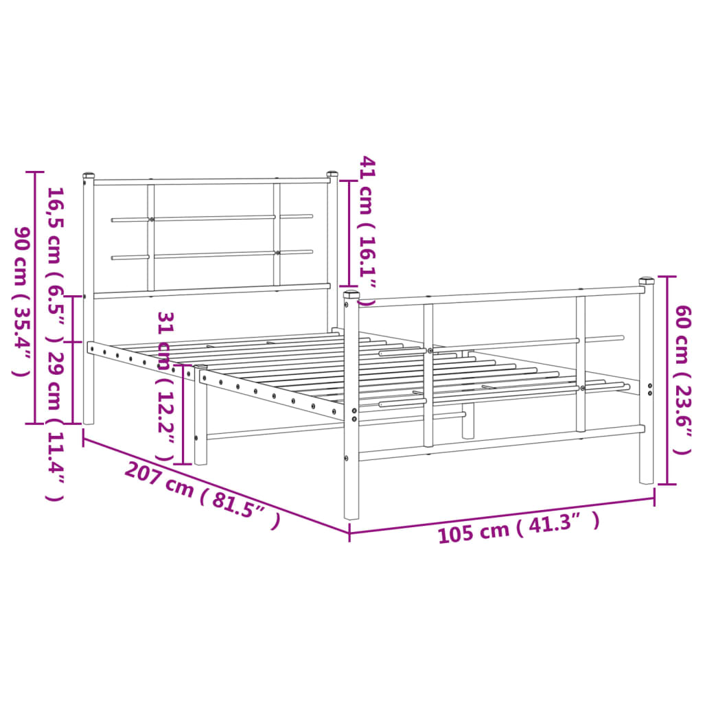 Metal Bed Frame with Headboard and Footboard Black 100x200 cm