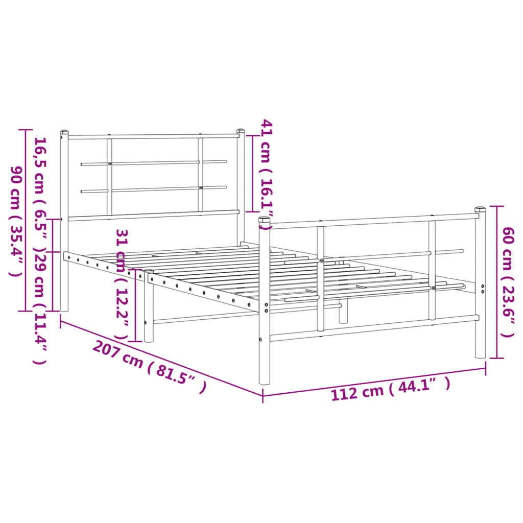 Metal Bed Frame with Headboard and Footboard Black 107x203 cm