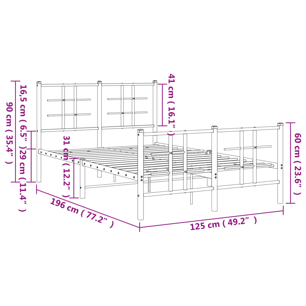 Metal Bed Frame with Headboard and Footboard Black 120x190 cm Small Double