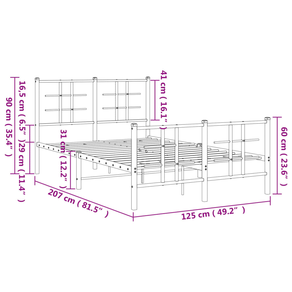 Metal Bed Frame with Headboard and Footboard Black 120x200 cm