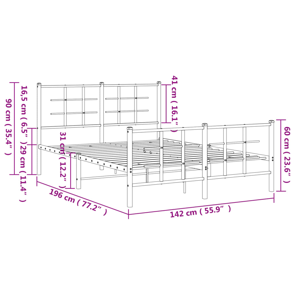 Metal Bed Frame with Headboard and Footboard Black 135x190 cm Double