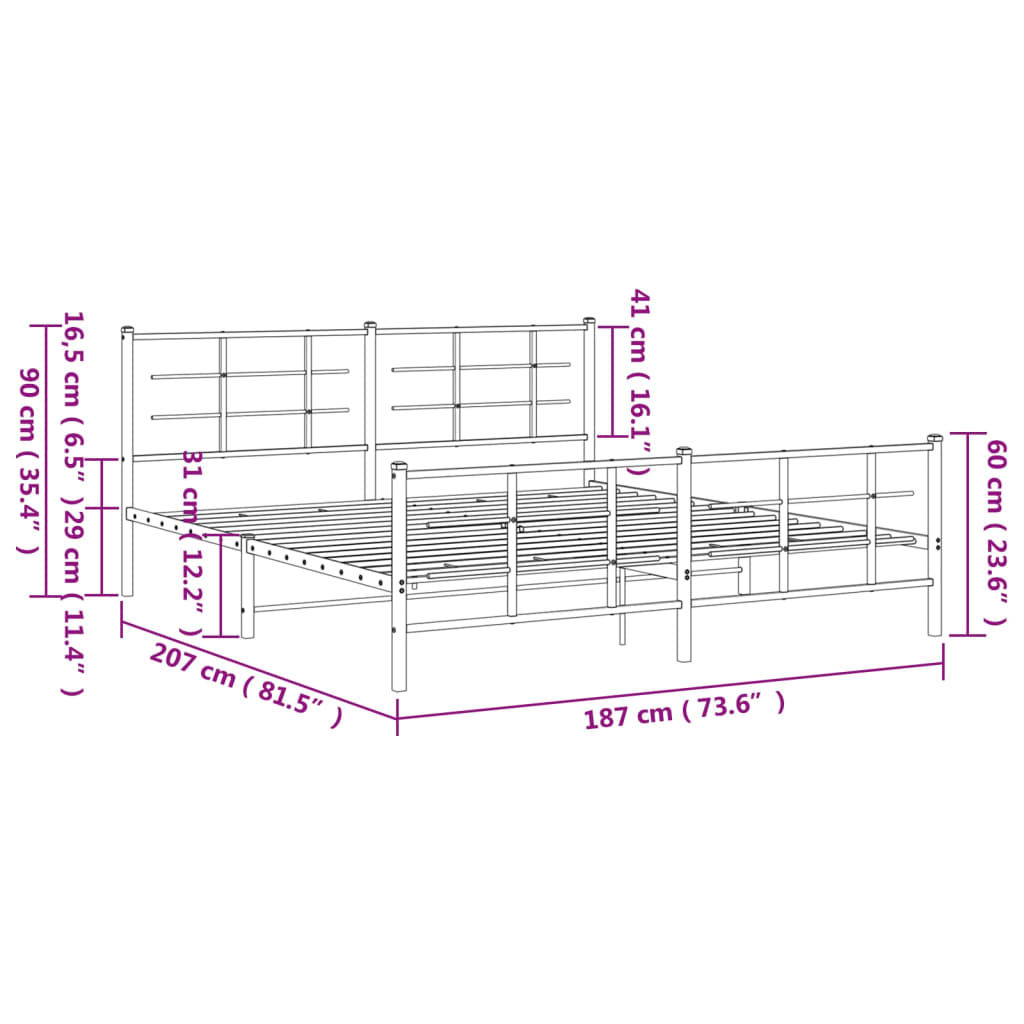 Metal Bed Frame with Headboard and Footboard Black 180x200 cm Super King