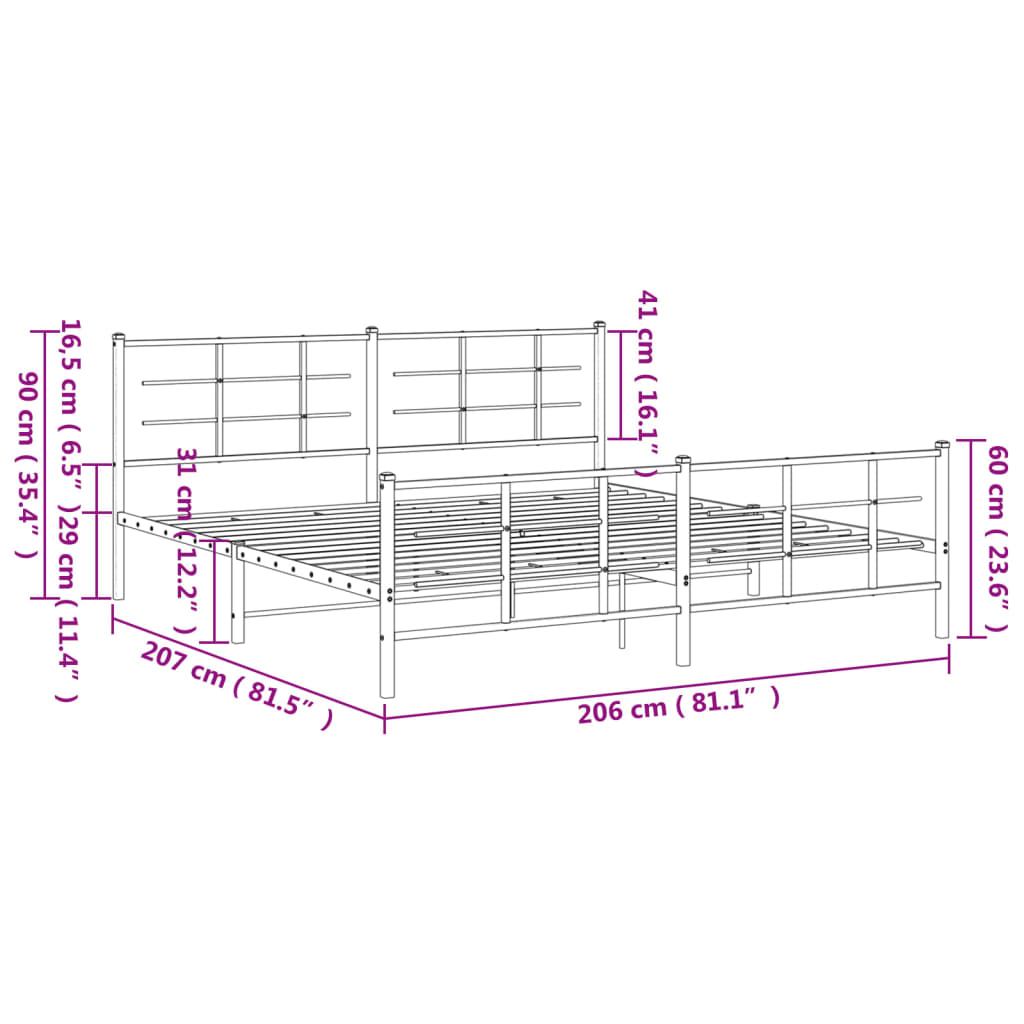 Metal Bed Frame with Headboard and Footboard Black 200x200 cm