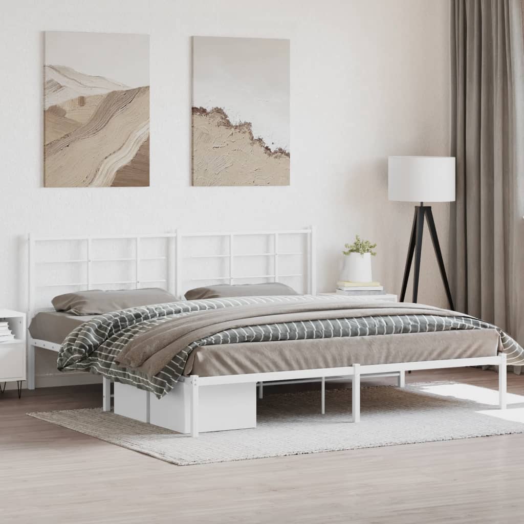 Metal Bed Frame with Headboard White 193x203 cm