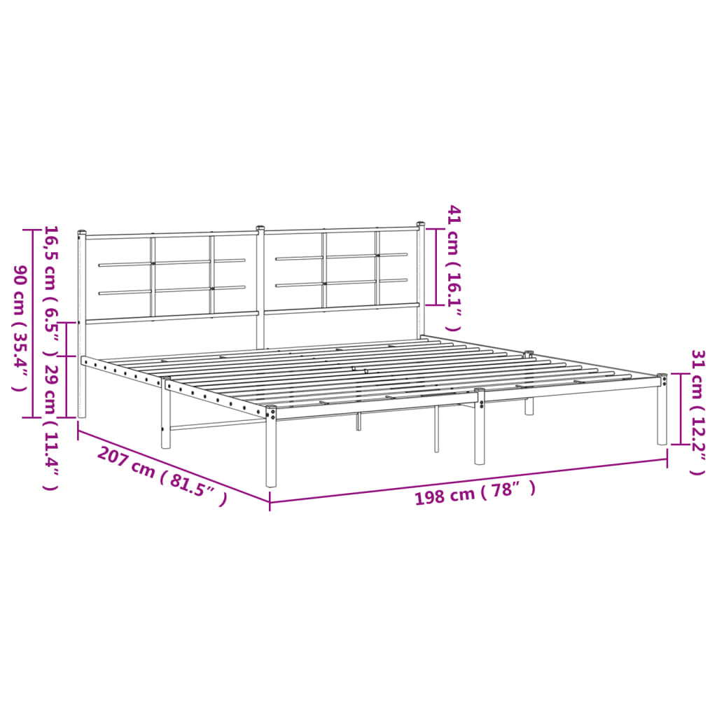 Metal Bed Frame with Headboard White 193x203 cm