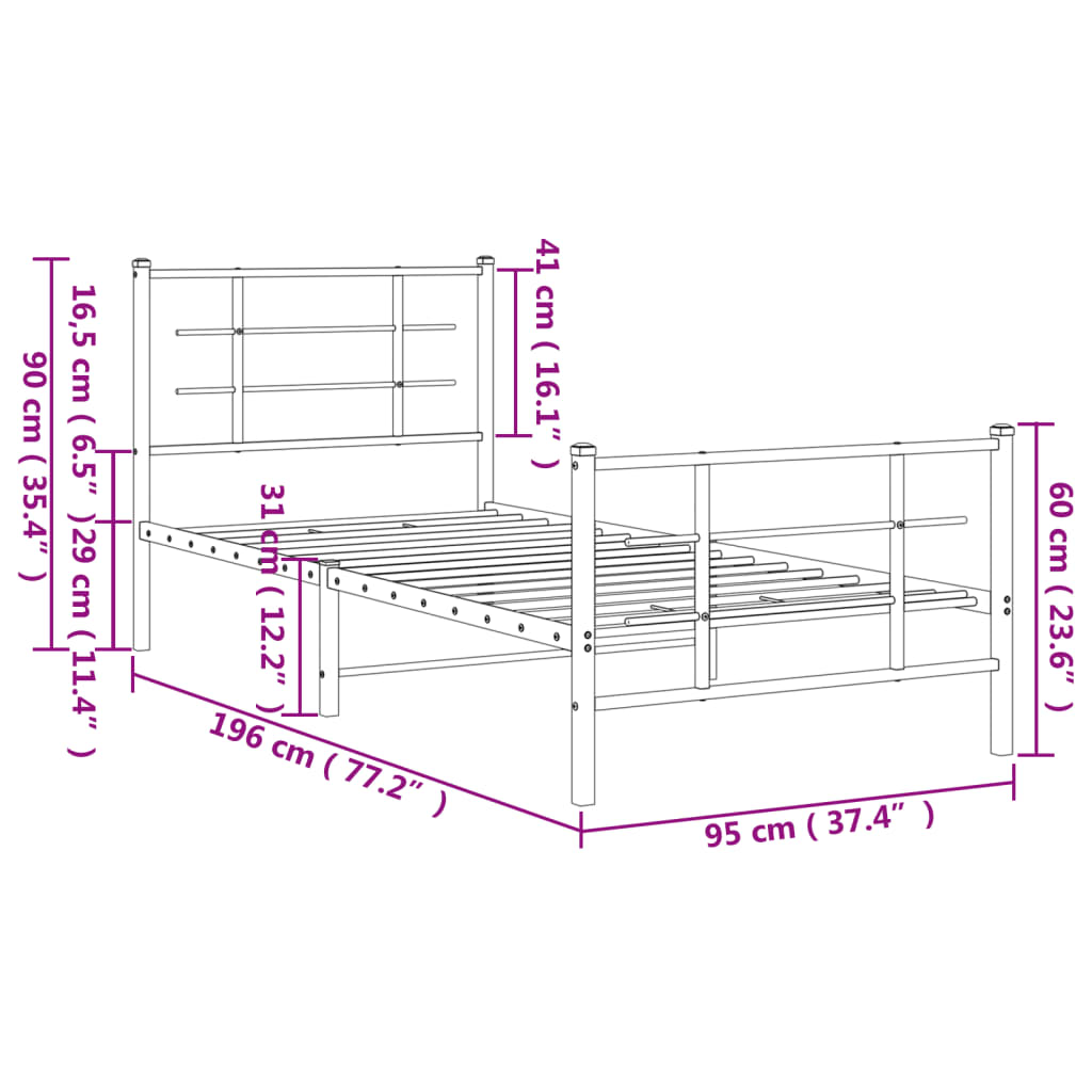 Metal Bed Frame with Headboard and Footboard White 90x190 cm Single