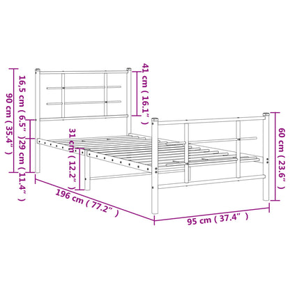 Metal Bed Frame with Headboard and Footboard White 90x190 cm Single